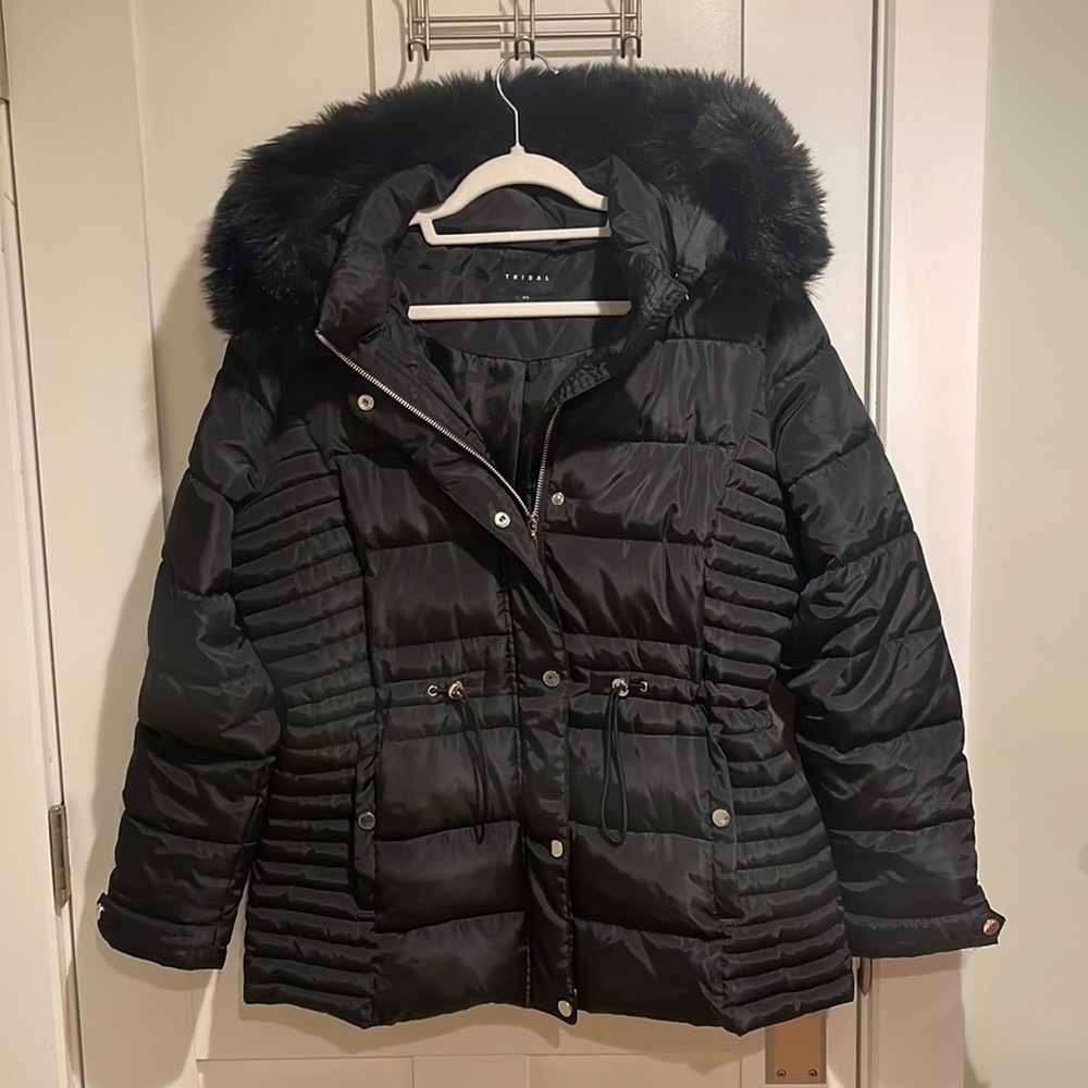 Tribal Black Fitted Puffer Coat with Fur Hood